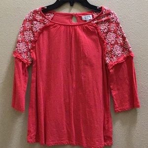 Girls XL crown & ivy 3/4 length accented sleeve coral top